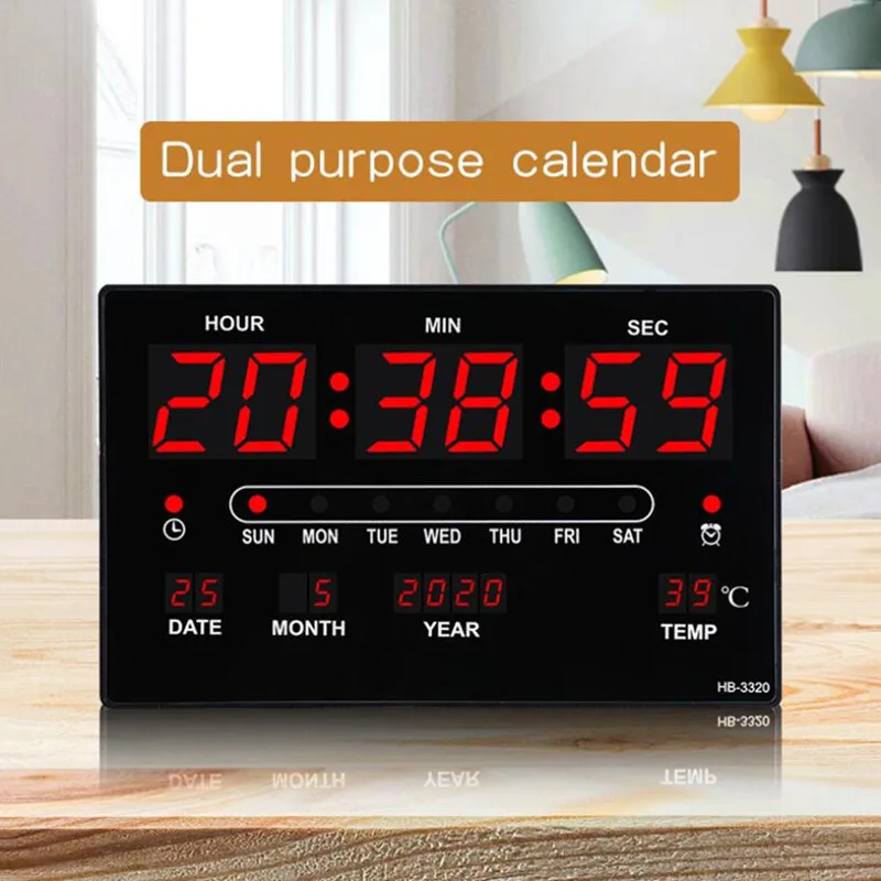 32x20x3CM Large Digital Wall Clock Alarm Hourly Chime Function Table Clock Calendar Temperature Electronic LED Clocks with Plug
