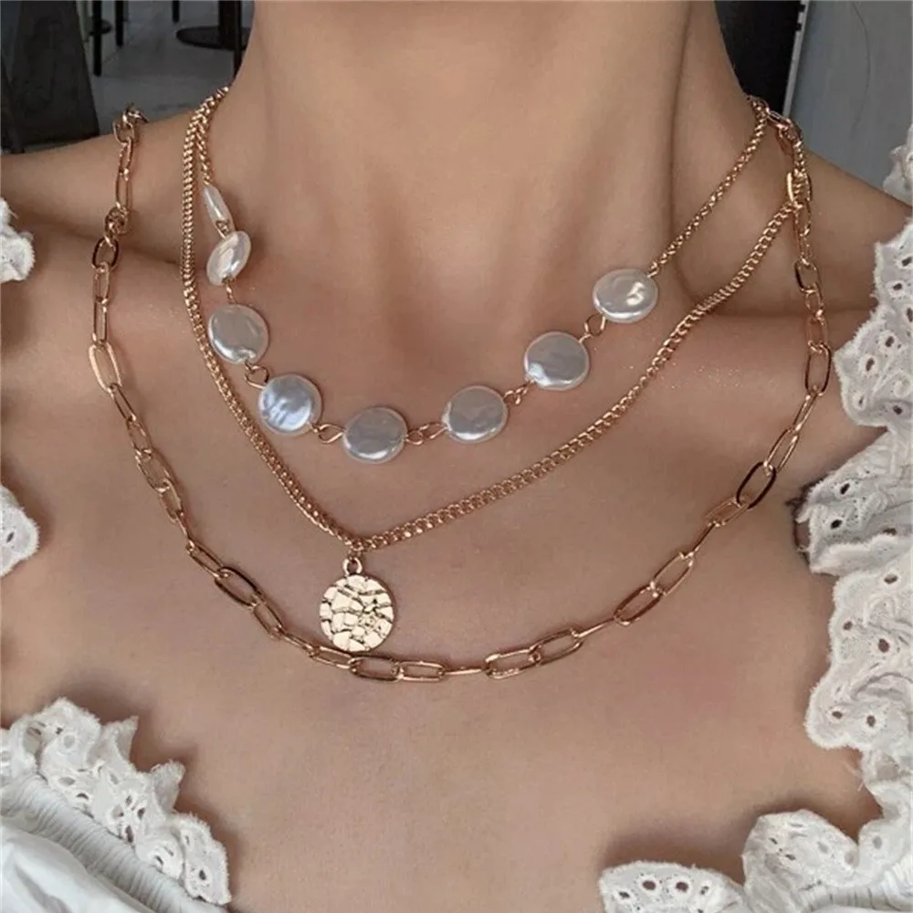 

LXY-W Boho Fashion Golden Punk Hip Hop Faux Pearl Coin Pendant Necklace For Women Vintage Multilevel Chain Jewelry Party Gift