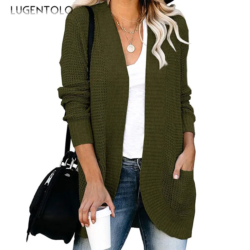

Lugentolo Autumn Women Sweater Cardigan Casual Lady Curved Placket Large Pocket Sweater New Solid Knitted Sweater