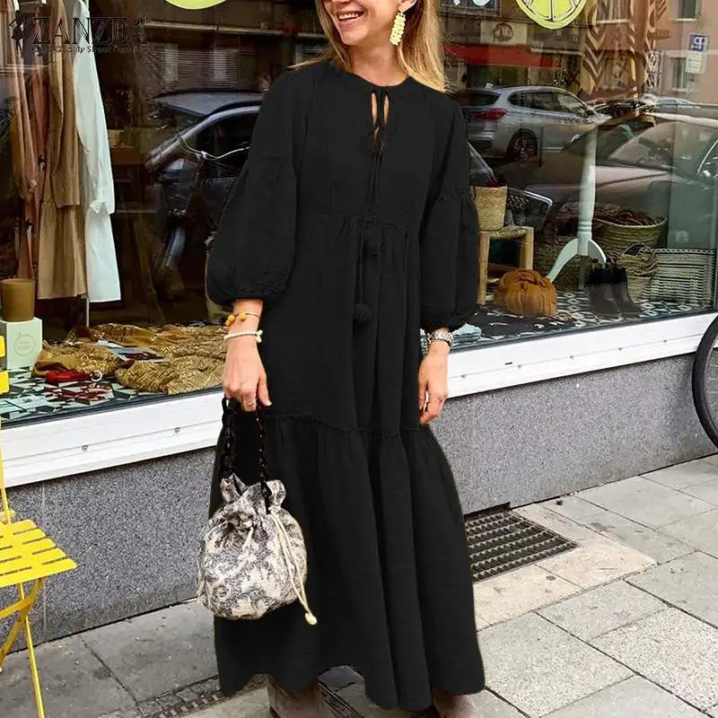 Elegant Puff Sleeve Maxi Dress Women's Autumn Sundress ZANZEA Casual Ruffle Long Vestidos Female Solid Party Robe Femme 5XL