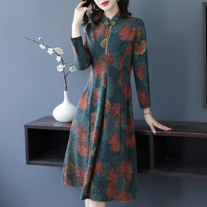 

Spring Autumn Red Print Natural Silk Midi Dress 2022 New Elegant Casual Vestidos Women Vintage Long Sleeve Loose Waist Dresses
