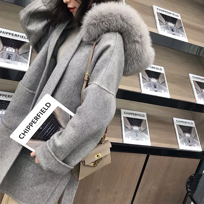 

Women Long cashmere Coat Slim Belt Women's Jacket Pockets Fur Collar Jacket