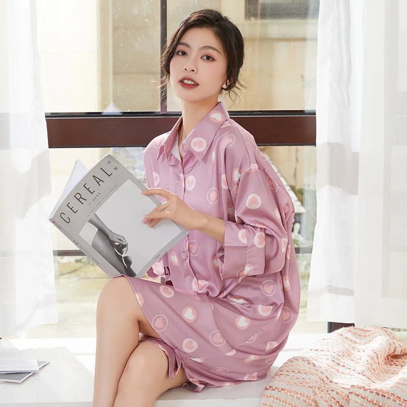 

Women Summer Turn-down Collar Long Sleeves Sleepshirts Simple Elegant Leisure High Quality Satin Print Nightgowns