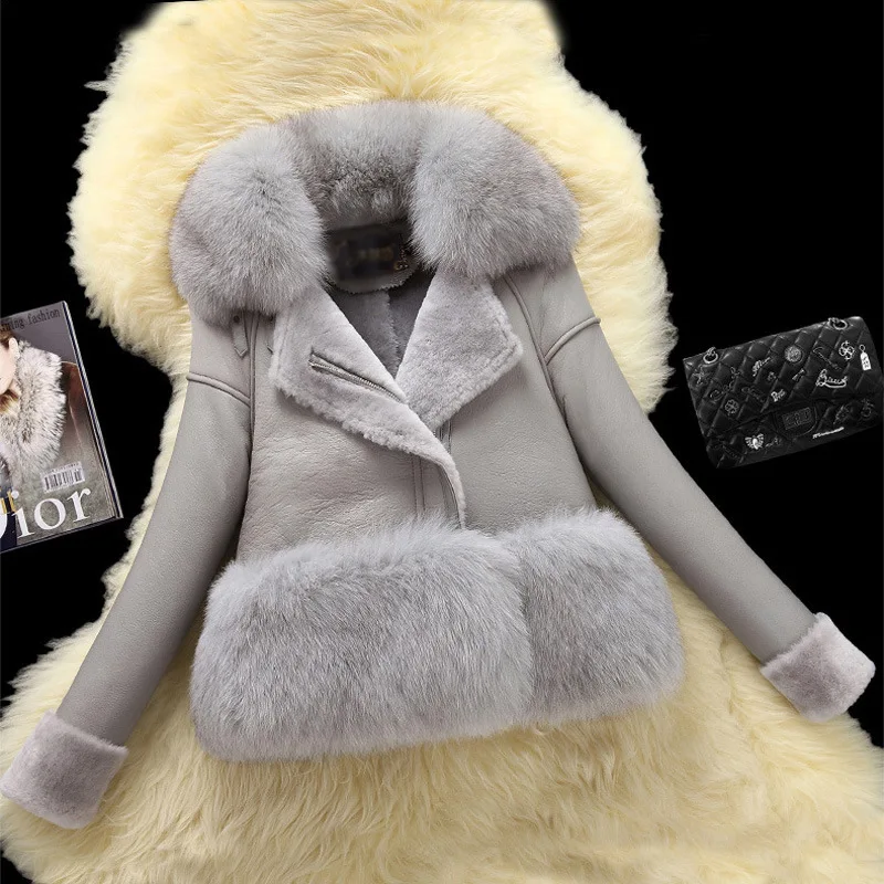 2020 new style fox fur collar oversized fox fur hem lambskin high quality jacket women short fur all-in-one fur jacket