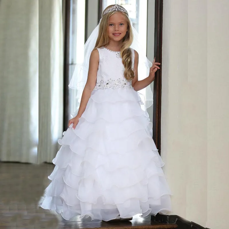 

2021 Modern Latest White Tiered Skirt Flower Girls Dresses Sleeveless Jewel Neck Holy Communion Gowns Lace Top Beaded Bow Back