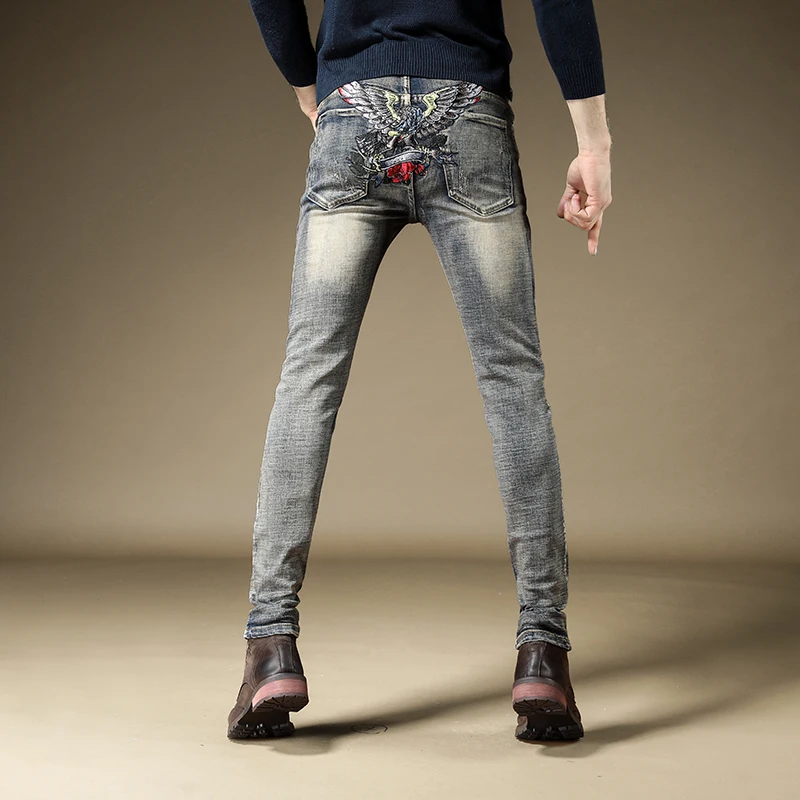 Джинсы мужские узкие джинсовые брюки с вышивкой приталенные уличные в стиле хип