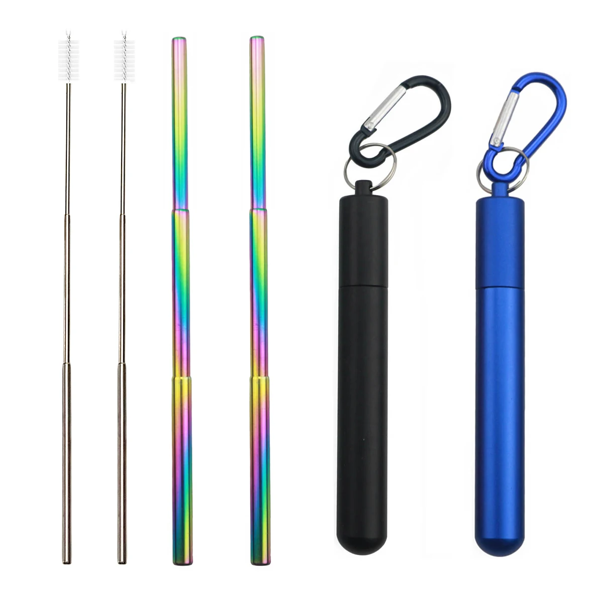 rainbow black blue Складная телескопическая металлическая соломинка из нержавеющей стали 304, портативная соломинка для питья, для путешествий, кемпинга, многоразовая соломинка с чистящей щеткой - Цвет: rainbow black blue
