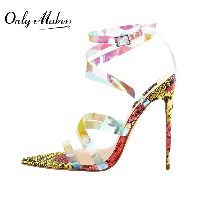 Onlymaker-Sandalias de tacón alto para mujer, zapatos de fiesta, Punta abierta, iridiscentes, transparentes, cruzadas, con serpiente