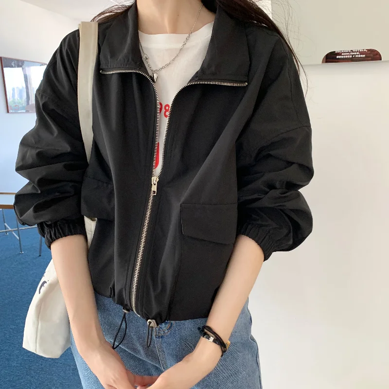 

Fashion Zipper Stand Collar Long Sleeve Women Jacket Coat Autumn Casual Pocket Loose Ladies Coats Streetwear Female Jackets