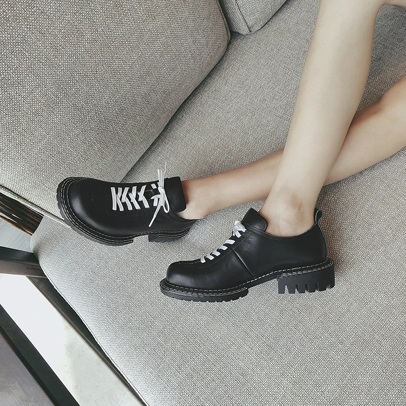 

Osunlina Casual Round Toe Woman's Flats Low Heels Elegant Footwear Lace Up Black Cow Leather Handmade Lady Spring Shoes A345