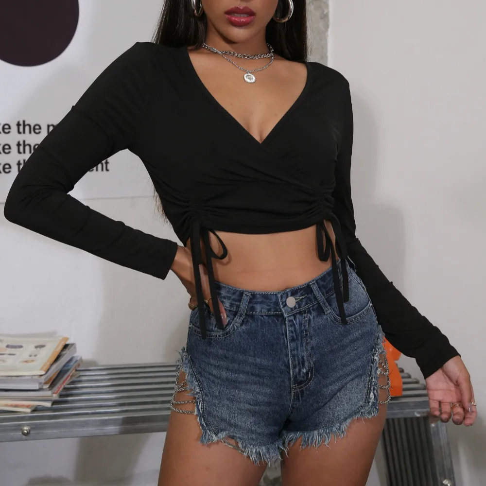 Блузка женская с длинным рукавом пикантный укороченный топ V образным вырезом