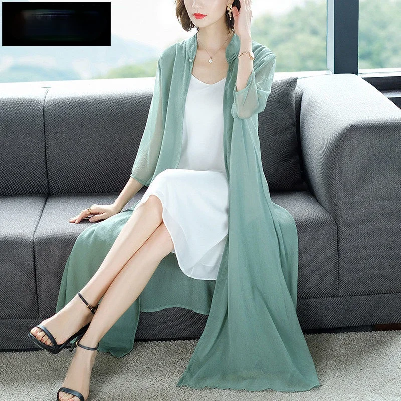 

2021 New Arrival Spring Summer Chinese Style See Through Chiffon Jacket Women Long UV Sun Protection Air-conditioning Shirt Y996
