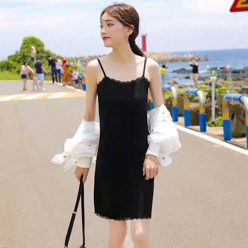 

2021 Plus Size Spring Summer Female Spaghetti Strap Dress Modal Cotton Cute Lace Hollow Out V-Neck Casual Thin Bottoming Dress