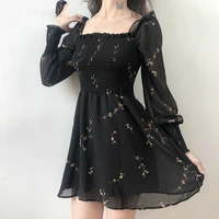 2021 autumn womens sexy black dress vintage flower long puff sleeve chiffon dresses korean casual mini clothes