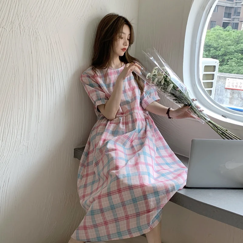

Women Dress Retro Long Skirt Loose Summer Plaid Summer Casual Robe Snake Dress