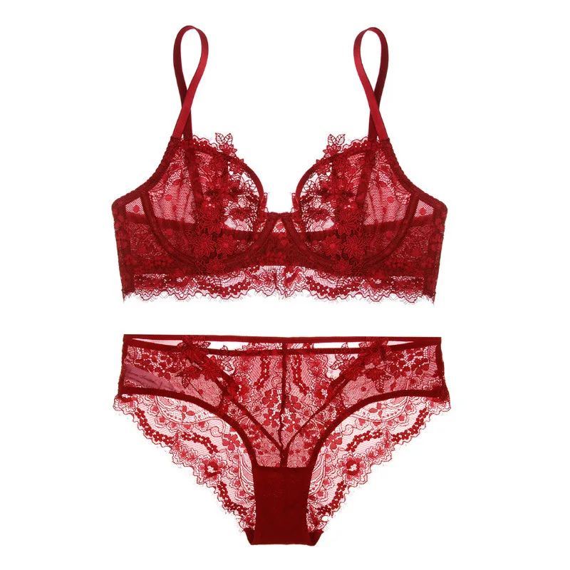 

Hjwsfdca Ultra-Thin Sexy Perspective Bra Set Transparent Embroidery Lace Ladies Underwear Push Up Gather Bra Women Sexy Lingerie