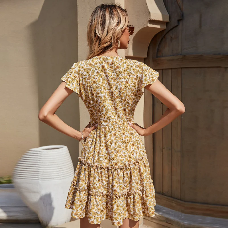 

Flower vintage printed summer dress ladies'necks frilly mini beach dress short sleeve line dress for vacation