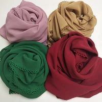 1 pc new 2018 bubble chiffon lace edges women scarf muslim spring floral wrap shawls plain long headband scarves 18075cm