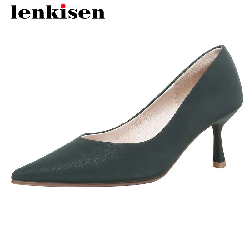 

Lenkisen superstar full grain leather shallow streetwear pointed toe thin high heel slip on young lady gorgeous women pumps L07