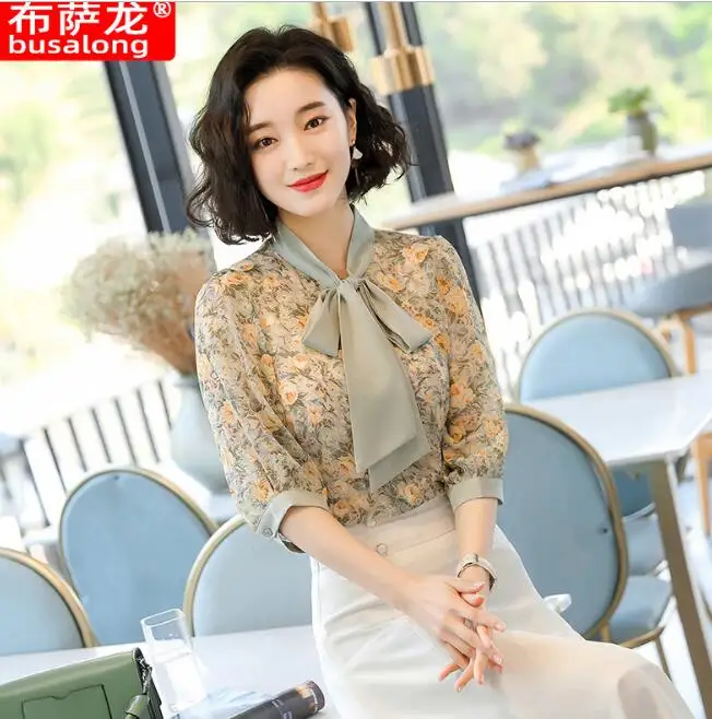 

2020 Fashion Elegant chiffon shirt women Summer New half sleeve slim stripes blouses temperament fashion office ladies work tops