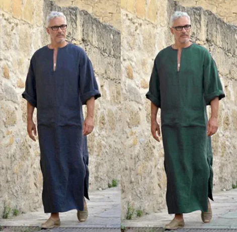 

Men Muslim Fashion Turkish Linen V Neck Indian Dress Robe Islamic Clothing Male Jubba Thobe Robe Abaya Men Casual Street Robe
