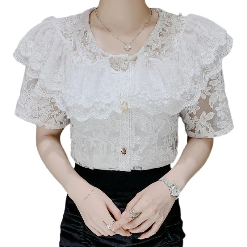 

Women Stylish Lace Crochet Ruffles Elegant Beading Floral Blouse Fashion Short Sleeve Buttons Peter Pan Collar Embroidery Shirts