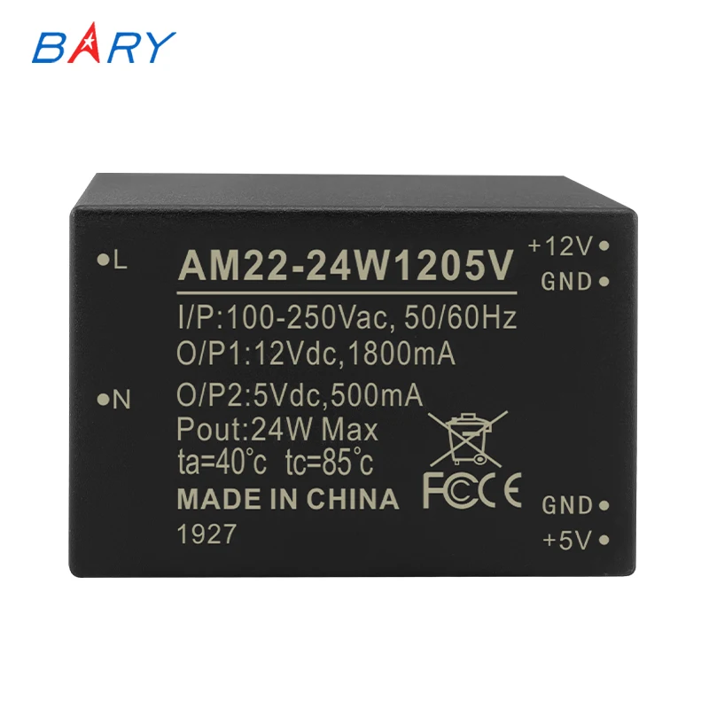 

AM22-24W1205V AC-DC 24W Dual-Output Buck Power Supply Module 12V 5V 85-264VAC/100-370VDC 800mA 500mA For MCU Security Alarm
