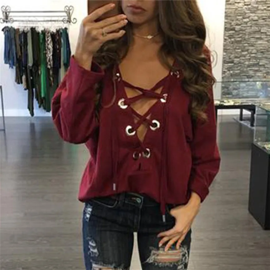 Женский сексуальный топ с глубоким v образным вырезом однотонный длинным рукавом