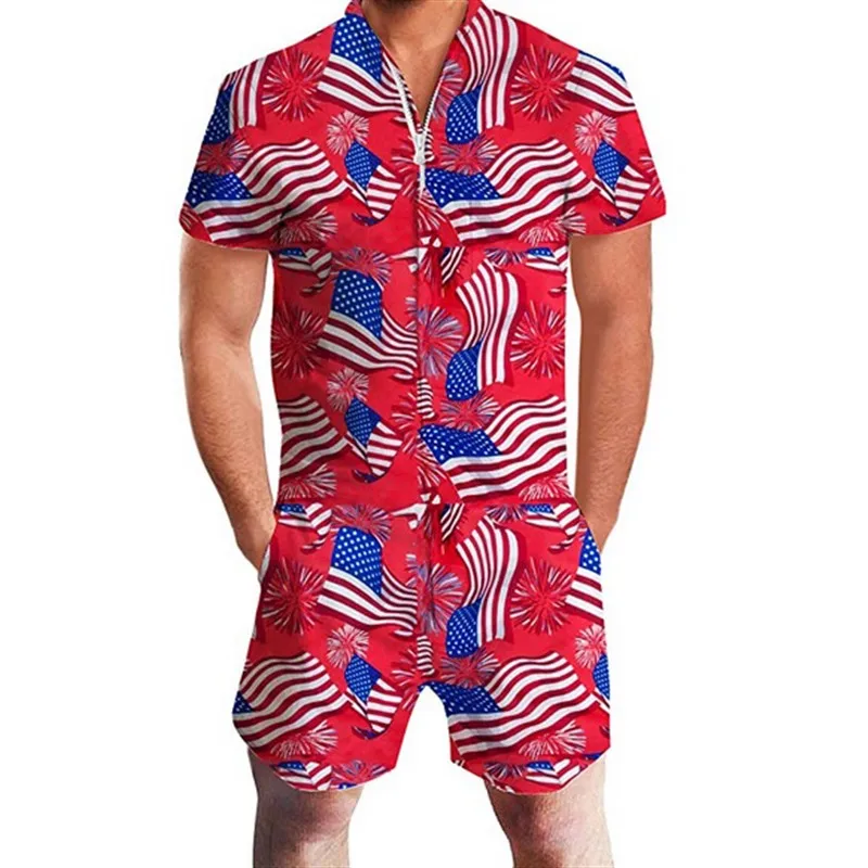 American Flag New Mens Rompers 90s Jazz Solo 3D Paper Cup Printed Jumpsuit Harem Cargo Overalls Summer Hip-Hop Casual Bibs Pants Dropship - Цвет: American Flag