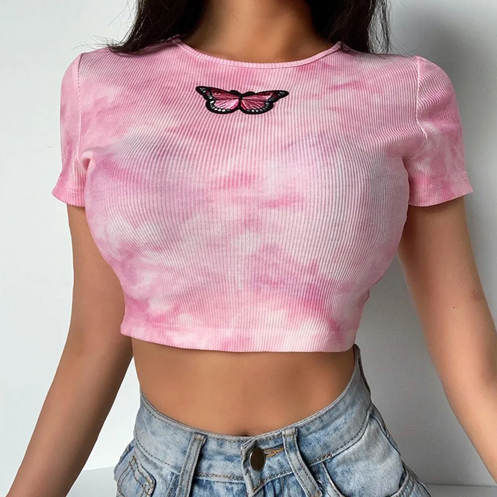 Футболка женская с принтом модный кроп топ коротким рукавом облегающая футболка