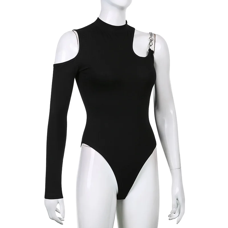 

Chain hollow out new women's asymmetric round neck slim solid color bodysuit