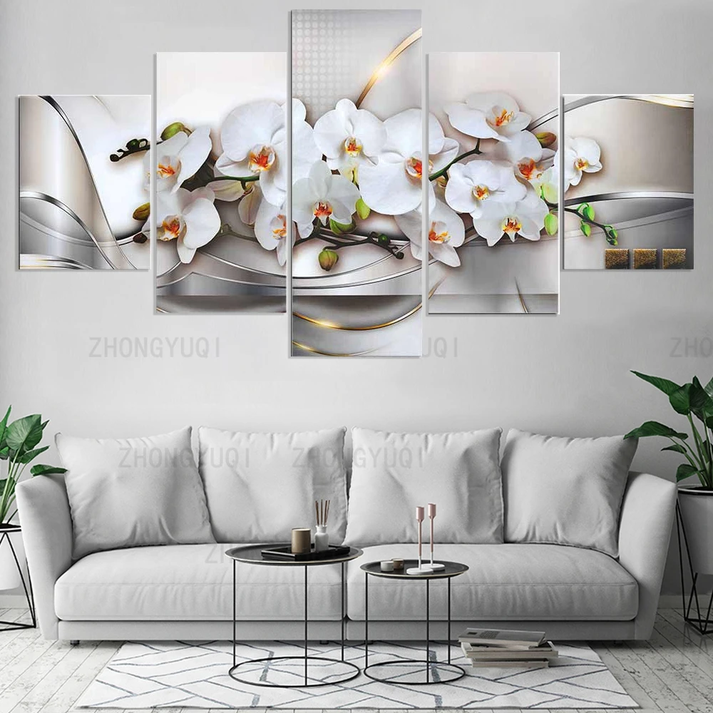 Холст плакат 5 шт. абстрактный белый цветы фаленопсиса картины Wall Art Гостиная HD