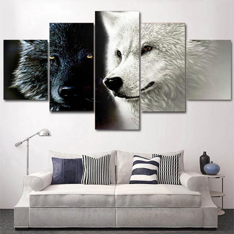 

5 High-definition Abstract Art Paintings Black and White Wolf Couple Poster Wall Living Room Photos Home Decoration Frameless