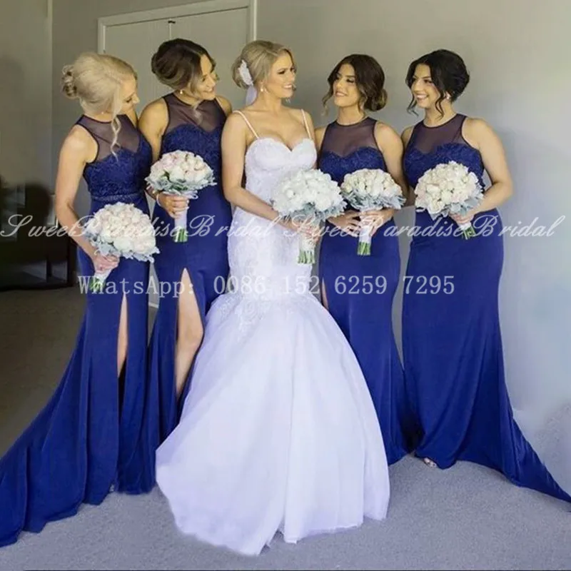 

Stylish Royal Blue Bridesmaid Dresses Sheer Neck 2020 Mermaid Side Split Long Wedding Party Dress Vestido De Fiesta De Boda