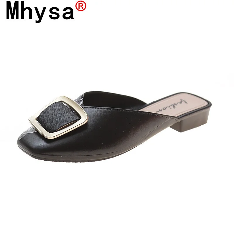 

2021 Summer New Women Flat Half Slippers Fashion Comfortable Square Head Casual Women Shoes Outdoor Leather Women Beach Slippers