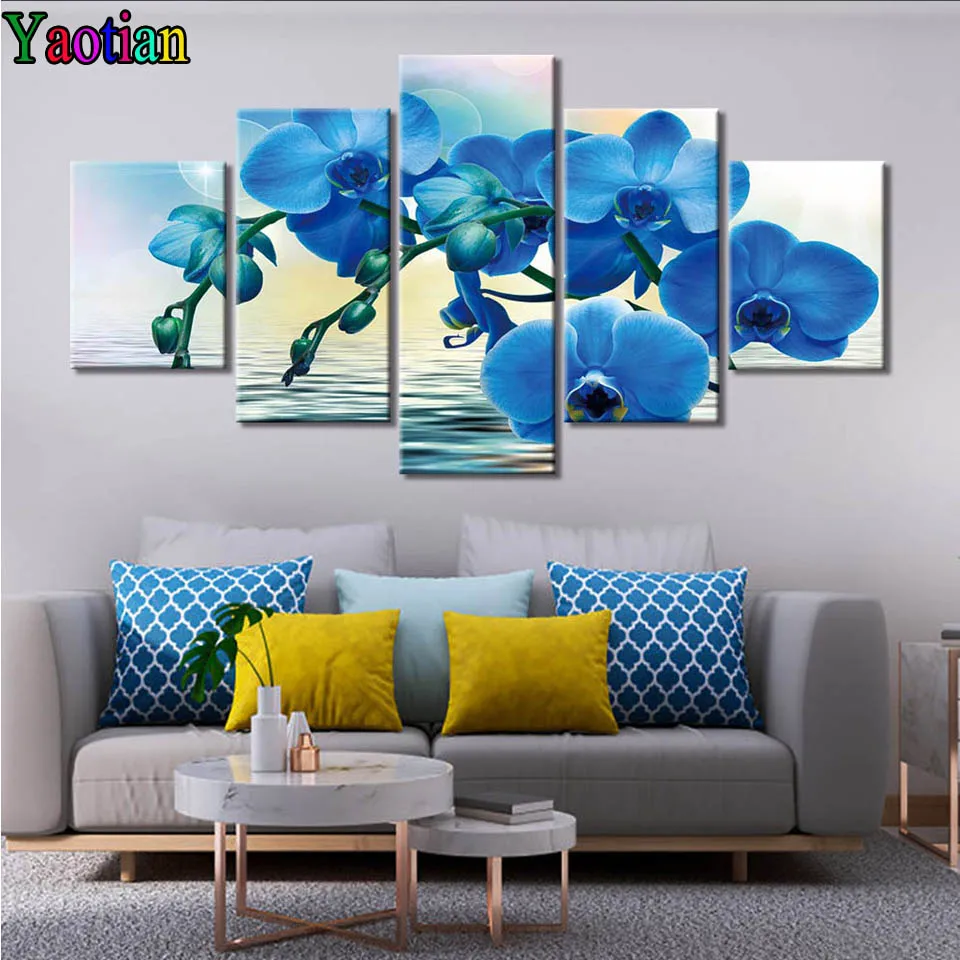 

Набор из 5 предметов, алмазная 5D картина «сделай сам», синяя Орхидея, Алмазная мозаика, вышивка, цветок, картина Стразы для украшения гостино...