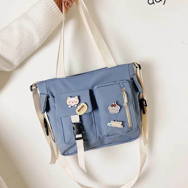 

Casual women's canvas shoulder bag simple solid color double pocket large capacity handbag multi-pocket student messenger bag