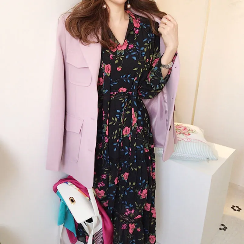 Платье женское шифоновое с цветочным принтом кружевное платье-трапеция макси в