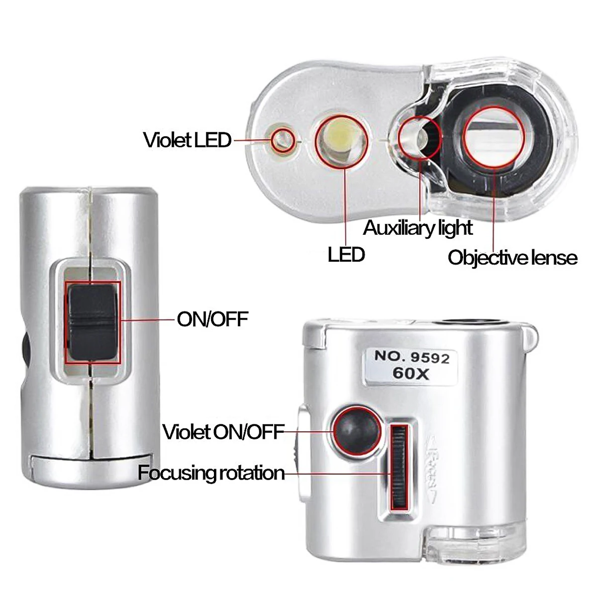 

60X Mini Pocket Microscope Jewelry Loupe Magnifier LED UV Light Magnifying Glass Optical Instruments
