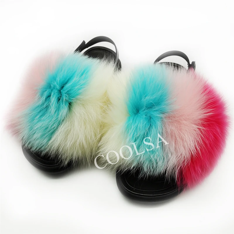 COOLSA Brand Lovely Children Fur Slippers Girls Fashion Mixed-color Fur Slides Toddler Heel Strap Fur Flip Flops Baby Slippers