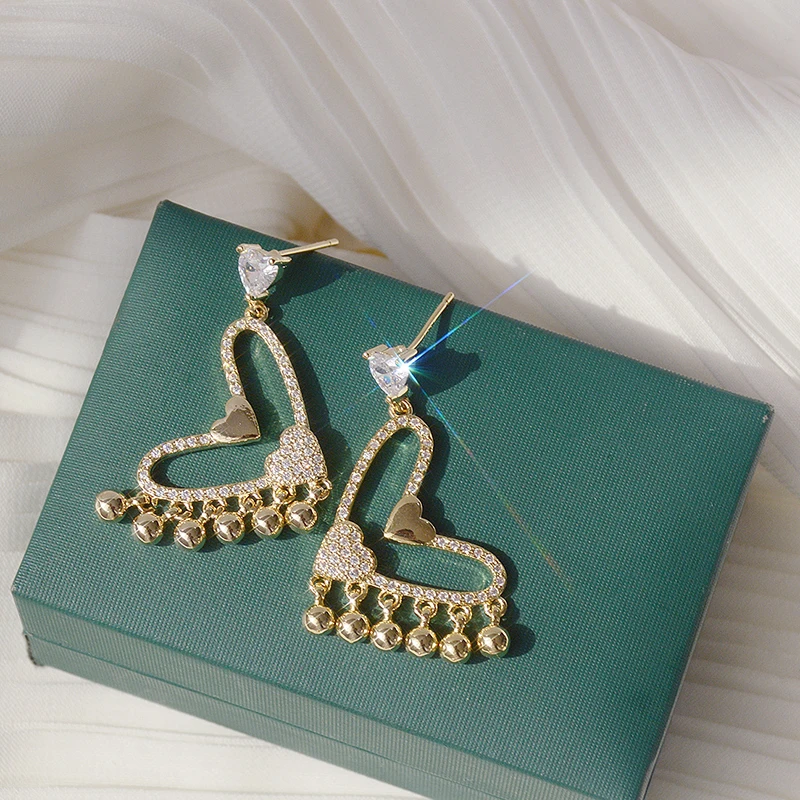 

Luxury 14K Real Gold Heart Tassel Ball Earrings for Women Jewelry Brilliant AAA Zirconia S925 Silver Needle Stud Wedding Party