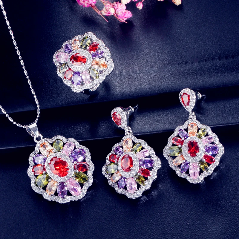 

Loredana Top Brand Exclusive Luxury Colorful Zircon Twinkling Golden Plated Three-piece Necklace Ring Earring Jewelry Set