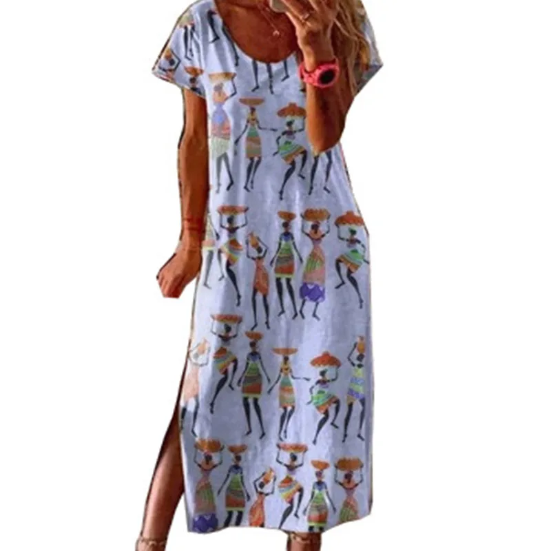 

Women Short Sleeve Long Dress Summer Ethnic Style Digital Print Maxi Dresses Girls Loose Split Beach Sundress Vestidos