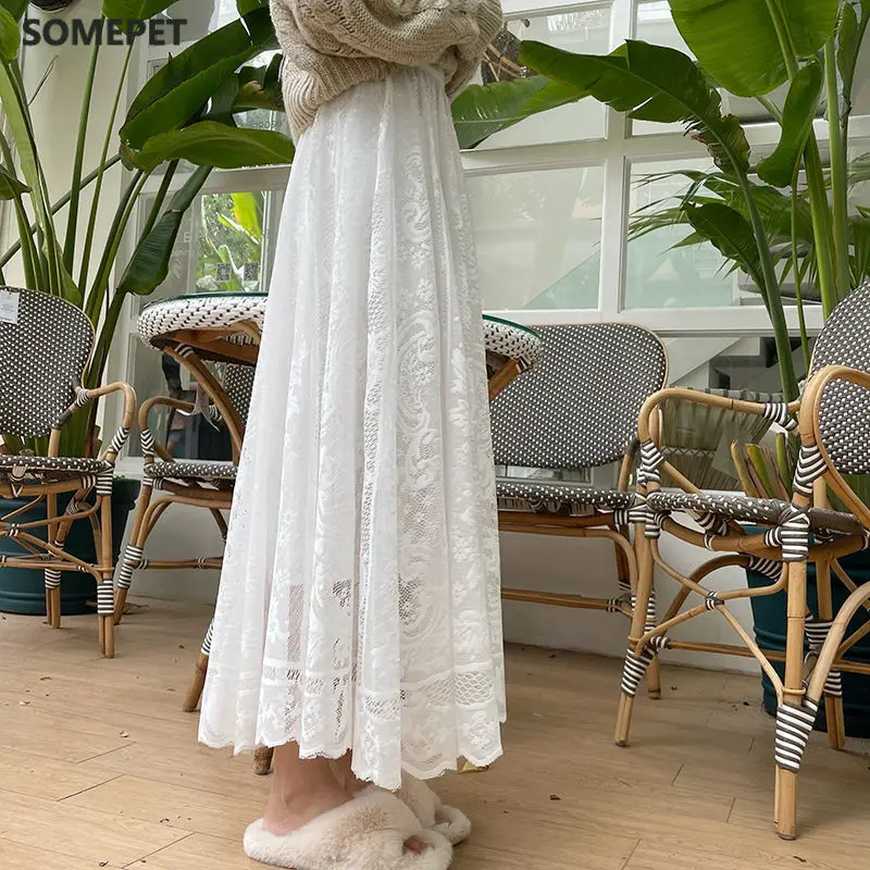 

Lace Skirts Womens Spring Autumn 2021 Korean Cute Sweet Style A-line Black White Long Skirts Female Elastic High Waist Bottoms