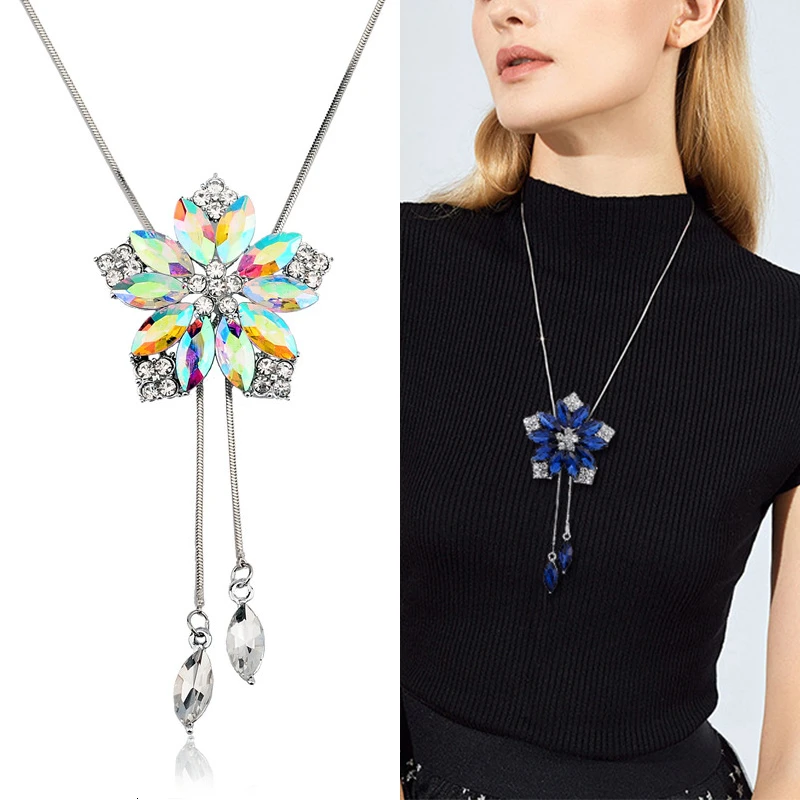 6-AB Crystal RAVIMOUR Подсолнух кристалл кулон ожерелье Женская мода синий Белый Стразы длинная Серебристая цепочка ожерелье s& Подвески Ювелирные изделия - Окраска металла: 6-AB Crystal