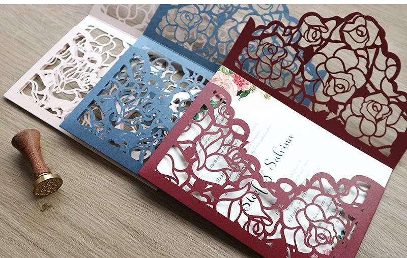 

Laser Hollow Rose Wedding Invitations Cards with Envelopes for Engagement Birthday Bridal Shower,Customizable 100pcs