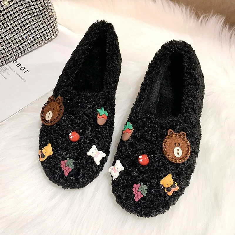 Женские милые Мультяшные зимние туфли из овечьей шерсти на плоской подошве
