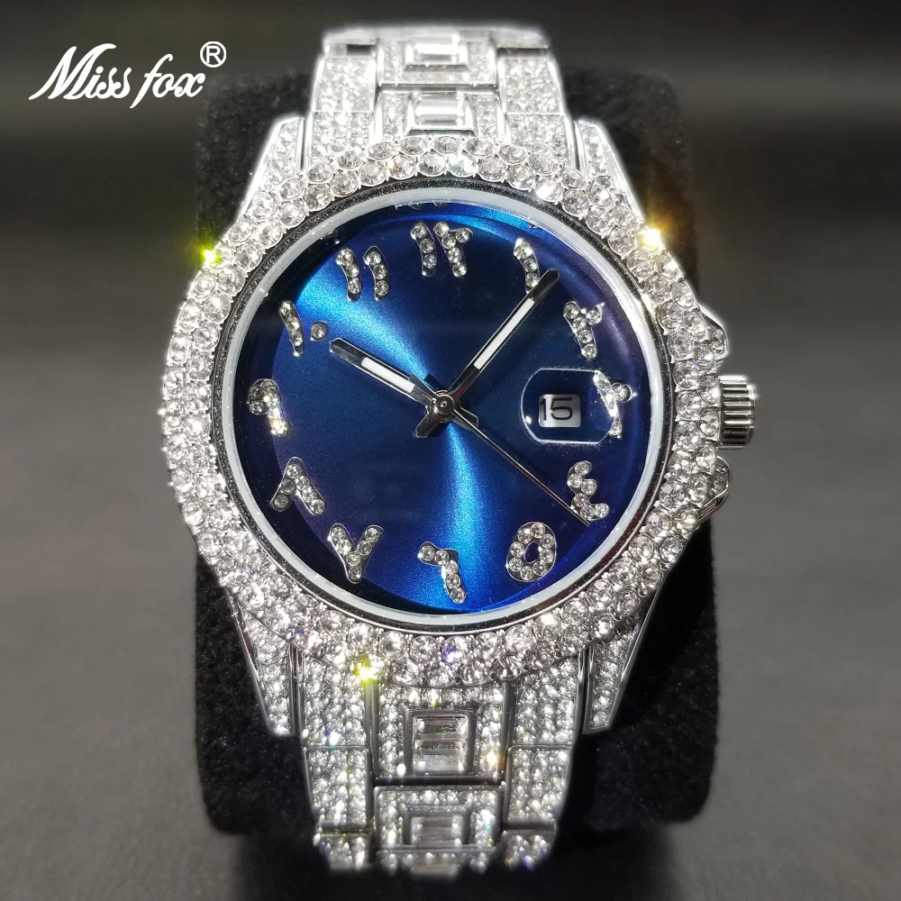 MISSFOX-Reloj de lujo para hombre, cronógrafo con esfera azul de diamante, con fecha automática, plateado, estilo Hip Hop