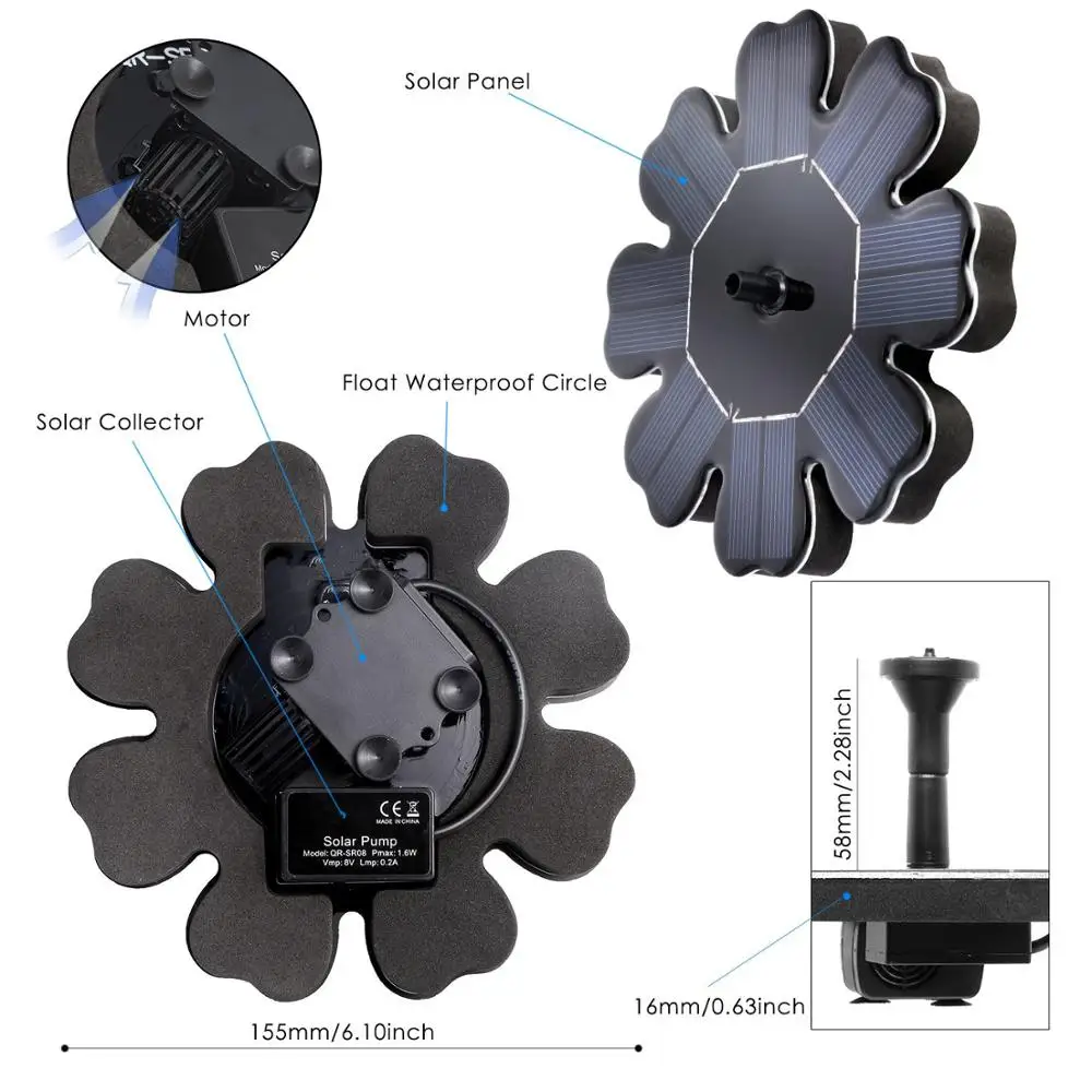 Бесщеточный Водяной фонтан в форме цветка 8 плавающий на солнечной батарее
