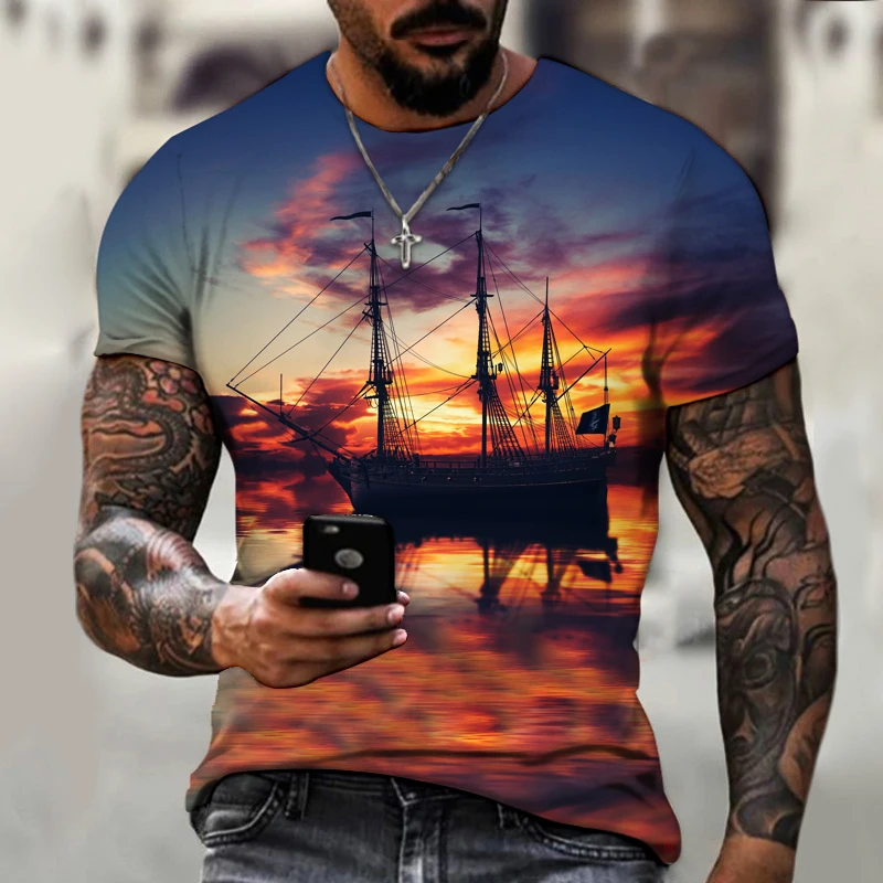 

New Summer Men's T-shirt 2022 Fashion Art Seaview Sailing 3D T-shirt Super Short-sleeved High-quality Fabric Street Top